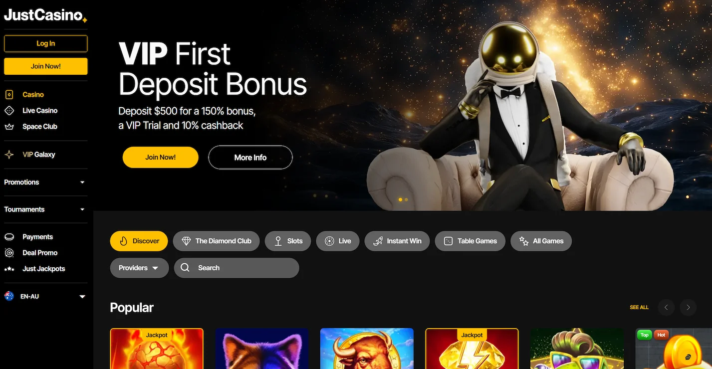 JustCasino frontpage showing VIP deposit pobus offer, selection of popular online pokies and main site navigation