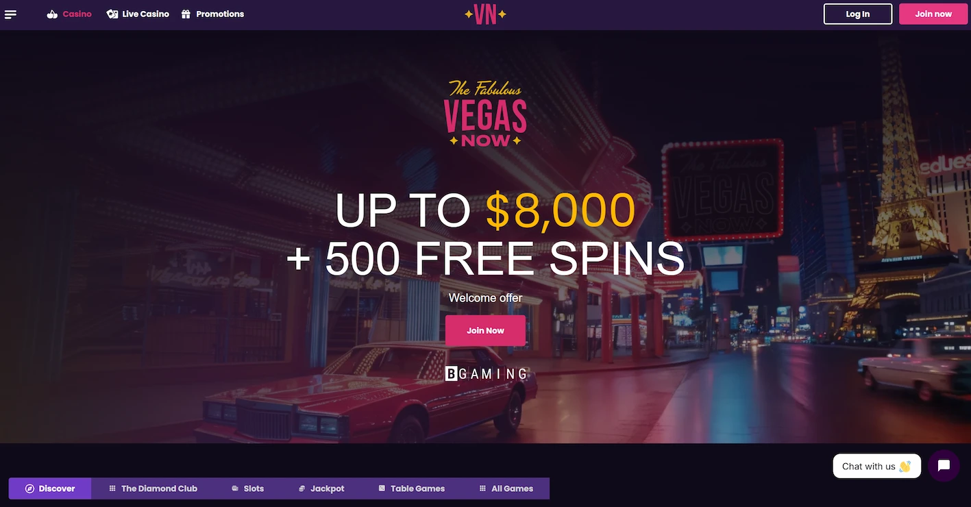 VegasNow casino frontpage displaying welcome offer and main site navigation